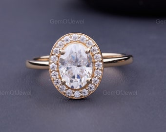 1 CT Oval Halo Moissanite Engagement Ring, Halo Ring, Oval Cut Moissanite Ring, Wedding Promise Ring, 14K Yellow Gold Ring, 8*6 MM Oval Ring