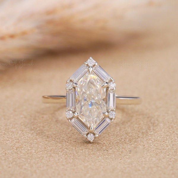 Dutch Marquise Cut Moissanite Diamond Ring with Side Baguette Moissanite Ring, Hexagon Shape Diamond Gold Ring, Dutch Marquise Ring For Her