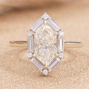 Dutch Marquise Moissanite Diamond Ring with Side Baguette Stones, Hexagon Cut Diamond Gold Ring, Elegant Engagement Jewelry for Her