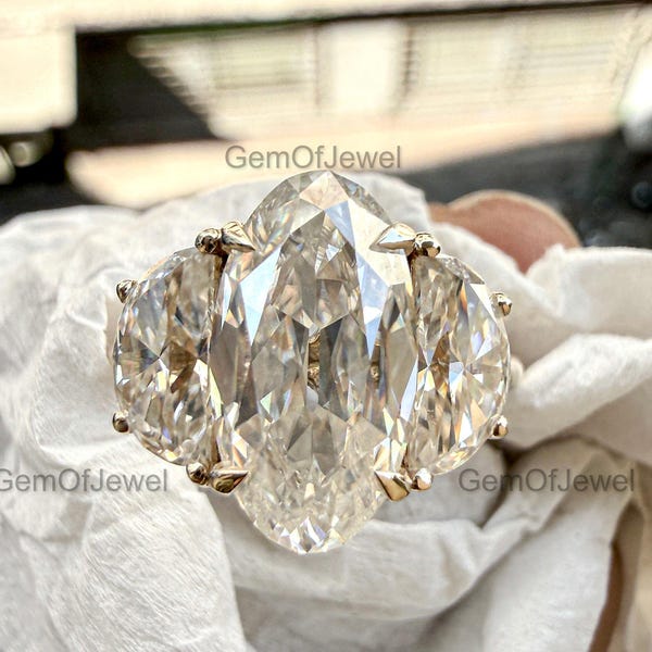 Antique Old Mine Oval Cut Moissanite Engagement Ring, Three Stone Wedding Ring, Half Moon Cut Side Stone, Trilogy Fancy Diamond Promise Ring