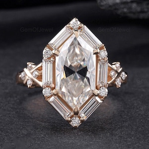 Dutch Marquise Moissanite Diamond Cluster Ring with Side Baguette Moissanite Ring, Hexagon Shape Diamond Ring, Dutch Marquise Ring For Her
