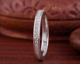 Round Moissanite Channel Set Band, Full Eternity Wedding Band For Her, Stackable Matching Engagement Band, Half Eternity Moissanite Band