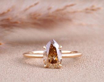 Champagner Moissanite Birne Diamant Ring, Birne Champagner Moissanite Diamant Ring, Birne Schnitt braun Diamant Ring, Champagner Diamant Ring für Sie