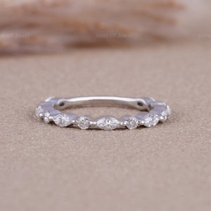 Alternating Moissanite Wedding Band, 0.45 TCW Marquise and Round Cut Colorless Moissanite Matching Band, Half Eternity Band, Stackable Band