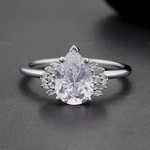 2.5CT Pear Cut Moissanite Diamond Engagement Ring, Baguette And Round Moissanite Diamond, Five Prongs Moissanite Diamond Ring, Ring For Her