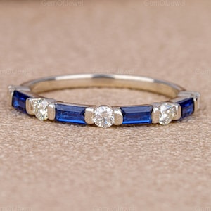 Round Moissanite Diamond Half Eternity Band With Blue Sapphire Baguette Diamond Wedding Matching Band, Blue Sapphire Diamond Band For Her
