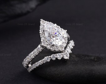 2CT Pear Diamond Moissanite Diamond Ring With Unique Halo And Matching Round Moissanite Diamond Band, Bridal Ring Set For Her, Wedding Set