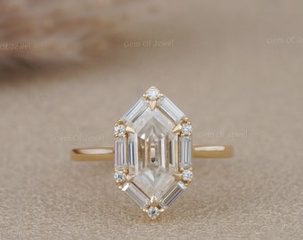 Niederländischer Marquise Step Cut Moissanit Verlobungsring mit Sechskant- und Baguetteseitensteinen - Einzigartiger Diamantform-Ehering