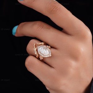 Dutch Marquise Diamond Ring with Side Baguette Moissanite With Flower Leaf Design Matching Band Bridal Ring Set, Hexagon Diamond Bridal Set