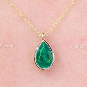 Green Sapphire Pear Diamond Necklace With Bezel Set Of Pear Sapphire Diamond Necklace, Green Pear Sapphire Cable Chain Necklace Gift For Her