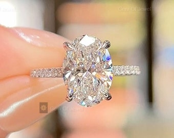 Oval Moissanite Engagement Ring with Halo and Pave Eternity, 2.5ct Diamond Ring for Her, Unique Antique Style, Lab Grown Available