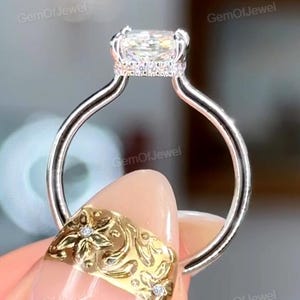 Radiant Moissanite Diamond Engagement Ring, Petal Prong With Open Gap Solitaire Wedding Ring, With Hidden Halo Moissanite Diamonds Ring