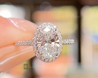 2 Karat Oval Moissanit Ring mit Heiligenschein und seitlichen Diamanten, Verlobungsring für Sie, 10k/14k/18k Gold, Pave Eternity, Ovalschliff, VVS Klarheit