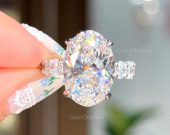 8Ct Oval Moissanite Vintage Engagement Ring with Hidden Halo, Pave Eternity Band, Big Oval Cut Solid Gold Moissanite Ring, Anniversary Gift