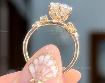 2CT Portuguese Cut Moissanite Ring, 14K Solid Gold Engagement Ring With Round Side Diamond Solitaire Ring, 8mm Portuguese Cut Diamond Ring