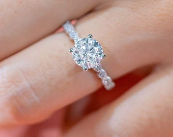 Round Moissanite Diamond Milgrain Vintage Gold Ring Moissanite Diamond Ring For Her, engagement Ring For Her, Milgrain Engagement Ring