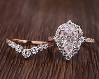 2CT Pear Diamond Moissanite Diamond Ring With Unique Halo And Matching Round Moissanite Diamond Band, Bridal Ring Set For Her, Wedding Set