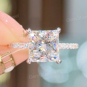 3ct Princess Moissanite Diamond Ring with Hidden Halo and Pave Eternity Band, Engagement Promise Ring, Round Side Stones, Dainty Jewelry