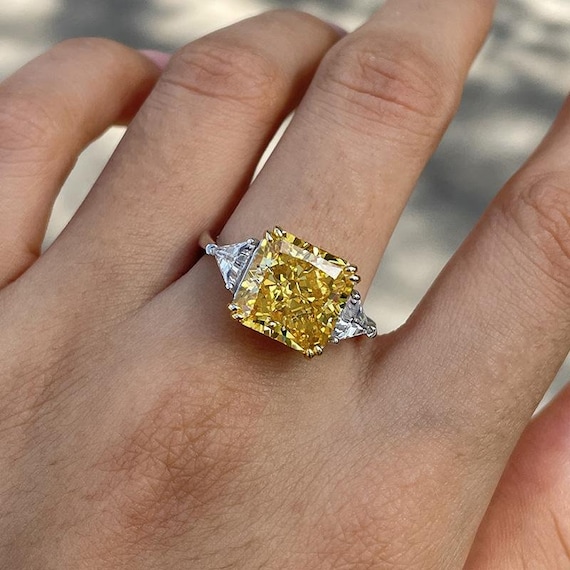 Radiant Cut Square Yellow Sapphire Stone Three Stone Ring With