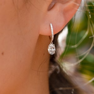 Oval Moissanite Drop Huggie Earrings with Side Round Moissanite Diamonds – Sparkling Diamond Earrings for Her
