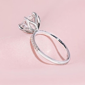 2CT Round Diamond Lotus Prong Engagement Moissanite Diamond Ring With Pave Half Eternity Band of Round Diamond, Six Lotus Prong Diamond Ring