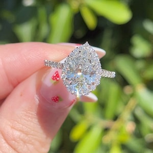 Pear Moissanite Diamond With Round Moissanite Diamond Halo Unique Halo Diamond Ring For Her, Pear Moissanite Ring For Her, Pear Diamond Ring