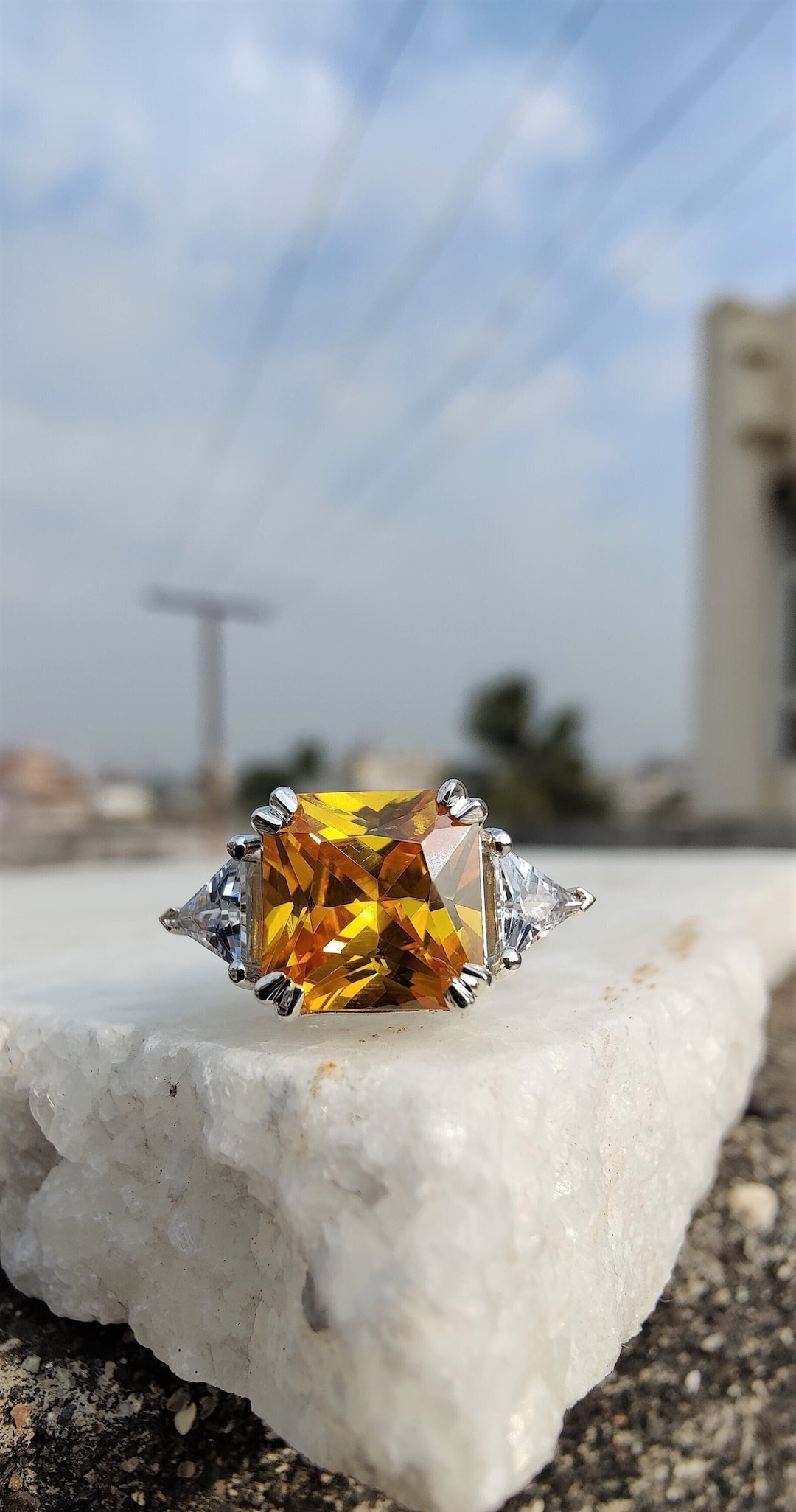 10k Yellow Gold Three-Stone Diamond Triangle Ring - Size 8, High Polish, Handcrafted In USA