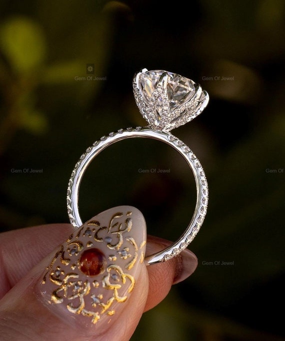 3CT Round Moissanite Diamond 14k Solid Gold Ring Lotus Prong