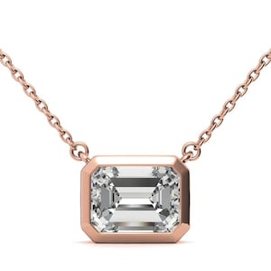 Emerald Cut Moissanite Diamond Solitaire Necklace bezel Set Necklace For Her , Emerald Cut Moissanite Diamond NEcklace Gift For Her