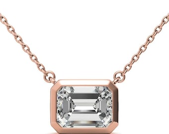 Emerald Cut Moissanite Diamond Solitaire Necklace bezel Set Necklace For Her , Emerald Cut Moissanite Diamond NEcklace Gift For Her