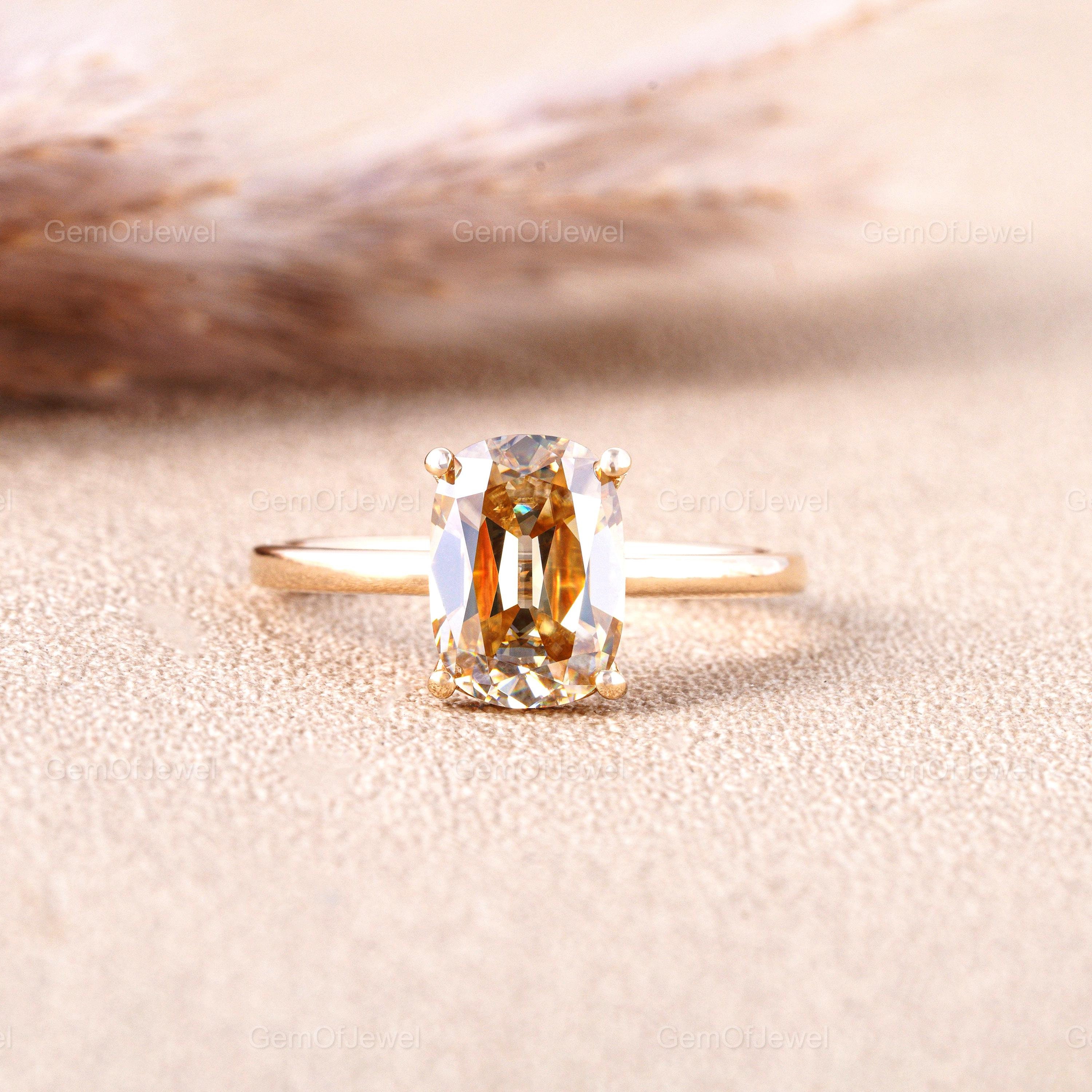 Kissen Champagner Moissanite Diamantring im alten Minenschliff, Kissen Champagner Moissanite Diamantring in klassischem Vintage-Schliff