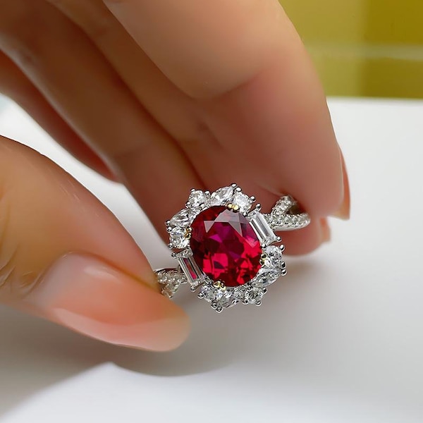 Ruby Stone Oval Cut Ring, Oval Shape Twist Shank Ruby Stone Engagement Ring For Her, Red Ruby Ring Diamond With Side Moissanite Diamond Ring