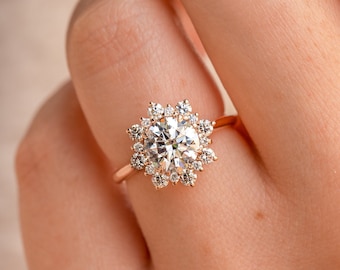 Round Moissanite Diamond 1CT Diamond With Flower Shape Halo of Round Moissanite Engagement Ring For Her ,Moissanite Ring For her, Round Ring