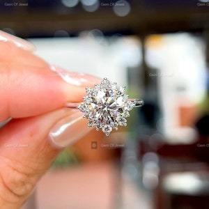 Round Moissanite Diamond 2CT Diamond With Flower Shape Halo of Round Moissanite Engagement Ring For Her ,Moissanite Ring For her, Round Ring