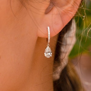 Pear Moissanite Earrings, Teardrop Drop Earrings with Side Round Moissanite Diamonds, VVS Clarity, D-E-F Color, Elegant Jewelry for Her