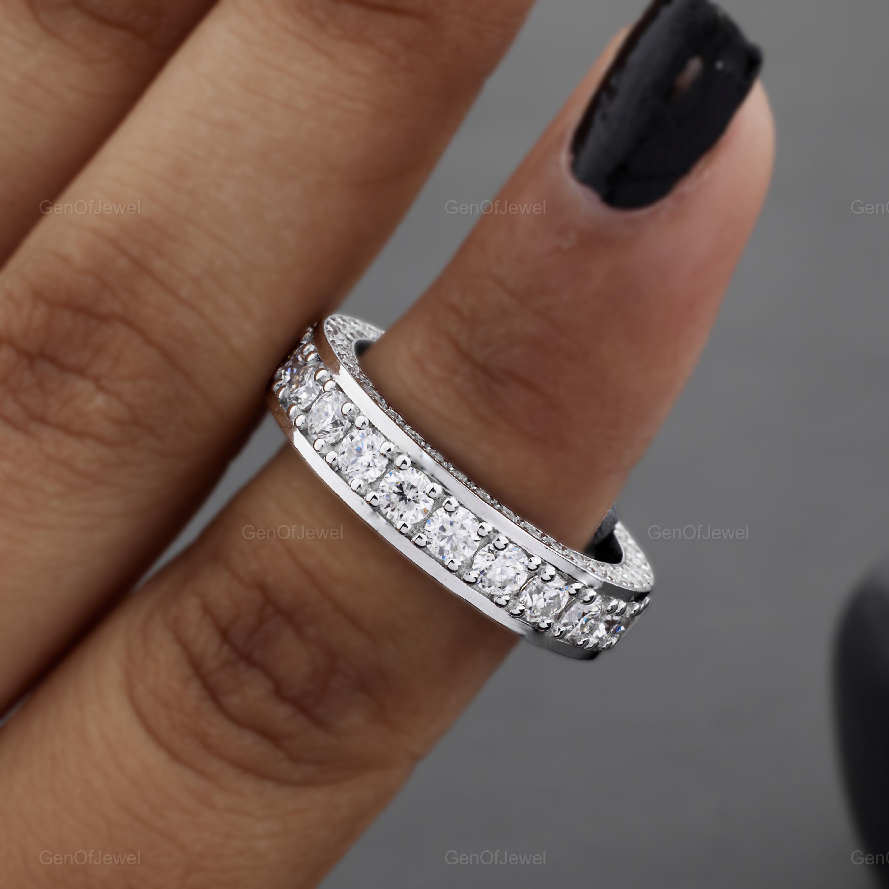 3列パヴェエタニティ結婚指輪、3.37TWラウンドカラーレスモアッサ 