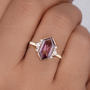Marquise Purple Sapphire Engagement Ring with Moissanite & Hexagon Purple Diamond Gold Band Unique Statement Jewelry for Her