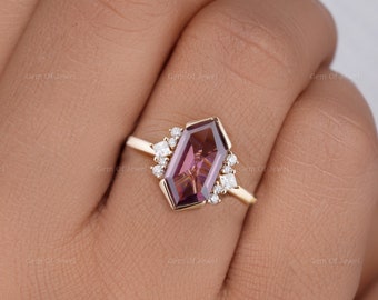 Dutch Marquise Cut Purple Sapphire Ring with Side Round Moissanite Ring, Hexagon Purple Diamond Gold Ring, Purple Diamond Ring For Her