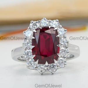 6.5 CT Elongated Cushion Red Ruby Engagement Ring, 11x8mm Cushion Gemstone Ring, Round Moissanite Cluster Halo Ring, 10k Solid Gold Ring