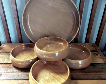 Vintage Maple Wood Large Salad Bowl with Four Wood Serving Bowls, Vintage Wood Salad Set