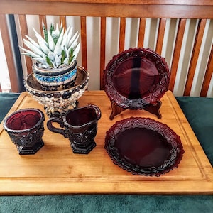 Vintage Two AVON Ruby Red Cape Cod Collection Salad Plates and Cream and Sugar