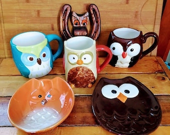 Vintage Ceramic Owls - 3 Mugs 2 Plates Wood Owl Plaque - Owl Decor - Retro Rustic Cabin Gift- Owl Lovers Gift