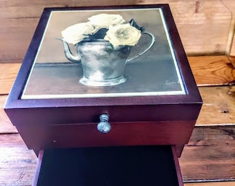 Vintage Wood Jewelry Box Floral Pattern Lacquered Top Black Velvet Lining