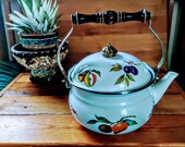 Vintage EnamelTea Pot with Wood Handle Shabby Farmhouse Kitchen Decor