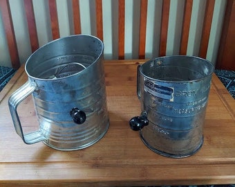 Vintage Bromwell Flour Sifters 5 Cup and 3 Cup with Black Wood Knobs - Set of Two - Rustic Farmhouse Decor
