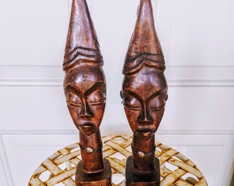 Vintage Two Hand Carved Solid Wood African Sculptures 10" Tall Ethnic Tribal Decor