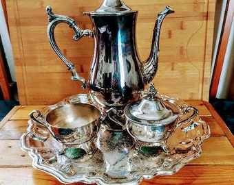 Vintage WM ROGERS Silver-Plated Three-Piece Coffee Tea Set with Footed Silver-Plated Serving Tray