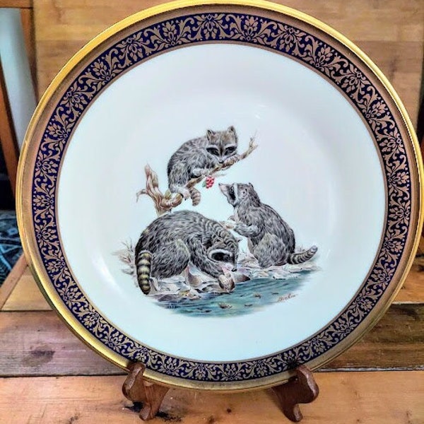 Vintage LENOX "Racoons" Woodlan Wildlife Series Porcelain Collectible Plate 1973 Retro Cabin Decor Nature Lover's Gift