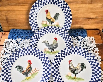 Vintage Four ROYAL NORFOLK Rooster Salad/Lunch Plates with Hangers for Wall Decor Retro Country Farmhouse Decor