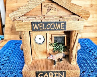 Vintage Handmade Solid Wood Log Cabin Birdhouse, Rustic Cabin Decor, Unique Birdhouse Gift